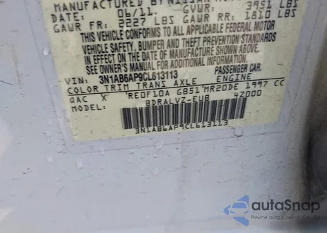 2012 Nissan Sentra 2.0 Sl из США, поврежденный, VIN 3N1AB6AP9CL613113